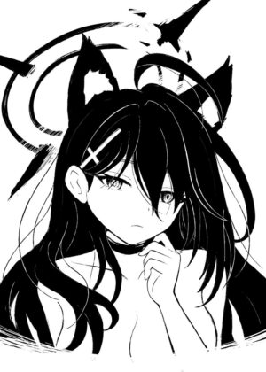 Elegant Black and White Anime Girl Art Print - Premium Wooden Framed Poster. Ready to Hang.
