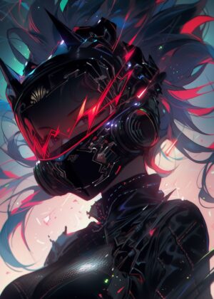 Cyberpunk Anime Girl: Futuristic Warrior Art Print - Premium Wooden Framed Poster. Ready to Hang.