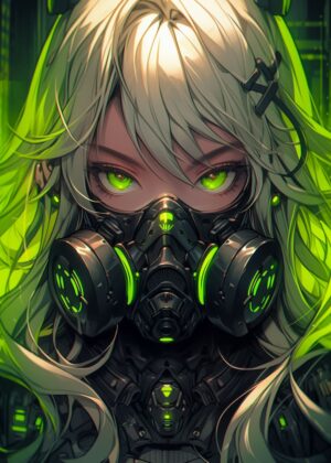 Neon Green Cyberpunk Girl Art Print - Premium Wooden Framed Poster. Ready to Hang.