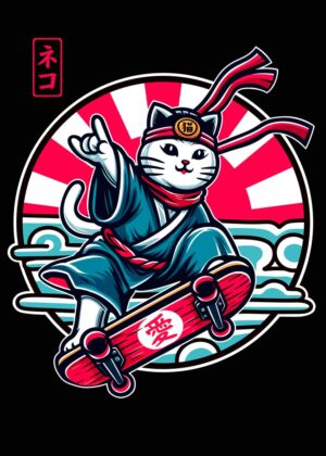 Japanese Cat Skater Art Print - Premium Wooden Framed Poster. Ready to Hang.