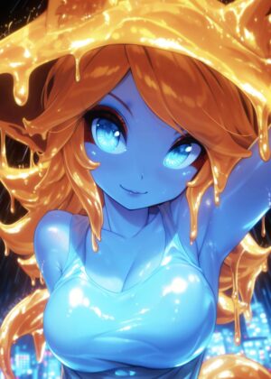 Golden Slime Girl: Anime Digital Art Print - Premium Wooden Framed Poster. Ready to Hang.