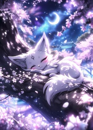 Cherry Blossom Dreaming: A Whimsical Nighttime Scene - Premium Wooden Framed Poster. Ready to Hang.