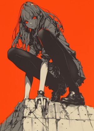 Crimson Vigil: Anime Girl Art Print - Premium Wooden Framed Poster. Ready to Hang.