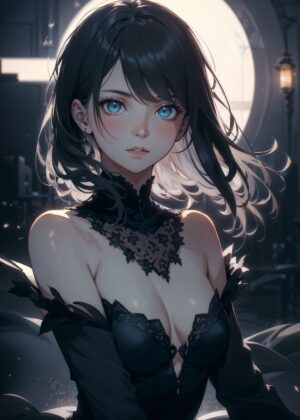 Ethereal Anime Beauty: Dark Elegance Art Print - Premium Wooden Framed Poster. Ready to Hang.