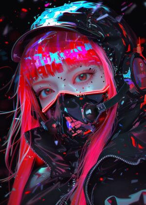 Cyberpunk Gaming Girl: Neon Dreams - Premium Wooden Framed Poster. Ready to Hang.