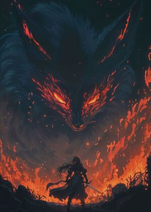 Fantasy Fox Spirit Girl: A Fiery Confrontation - Premium Wooden Framed Poster. Ready to Hang.