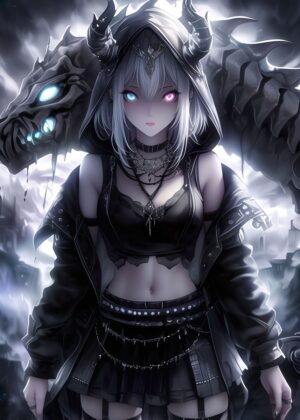 Skeleton Dragon Girl: Dark Fantasy Anime Art Print - Premium Wooden Framed Poster. Ready to Hang.