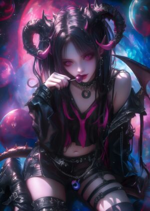 Demonic Psychodelic Girl: Dark Fantasy Art Print - Premium Wooden Framed Poster. Ready to Hang.