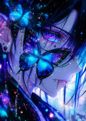 Blue Butterfly Anime Girl Art Print - Premium Wooden Framed Poster. Ready to Hang.