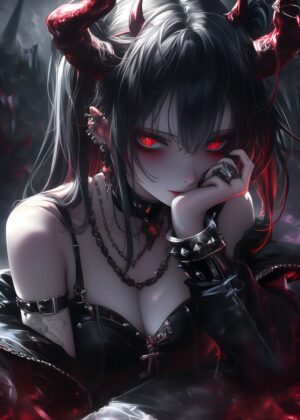 Dark Anime Girl with Demon Horns: Digital Art Print - Premium Wooden Framed Poster. Ready to Hang.