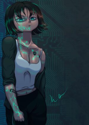 Cyberpunk Girl: A Digital Art Print - Premium Wooden Framed Poster. Ready to Hang.
