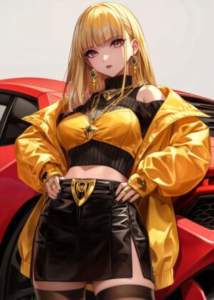 Anime Girl and Hypercar: A Stylish Fusion of Speed and Beauty - Premium Wooden Framed Poster. Ready to Hang.