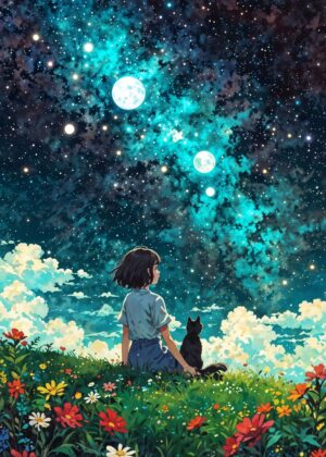 Starlit Reverie: A Girl and Her Cat Under a Celestial Sky - Premium Wooden Framed Poster. Ready to Hang.