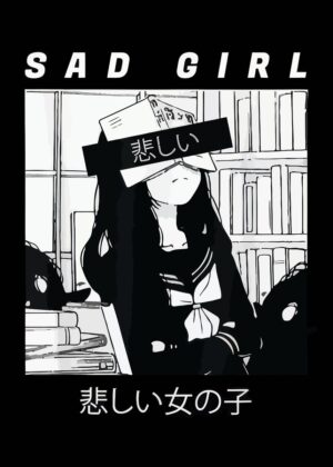 Antisocial Sad Anime Girl Art Print - Premium Wooden Framed Poster. Ready to Hang.