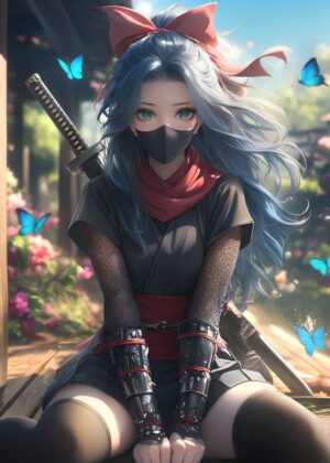 Anime Ninja Girl: Blue-Haired Warrior - Premium Wooden Framed Poster. Ready to Hang.