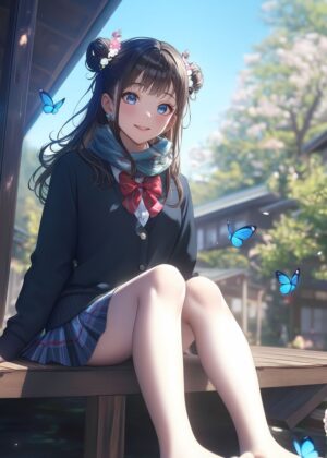 Anime Schoolgirl and Butterflies - Premium Wooden Framed Poster. Ready to Hang.