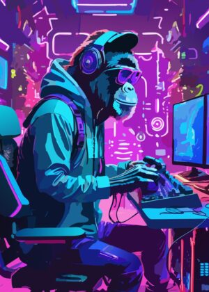 Cyber Monkey Gamer: Neon Retro Art Print - Premium Wooden Framed Poster. Ready to Hang.