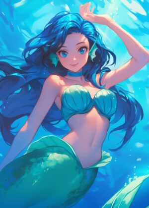 Anime Mermaid: Enchanting Underwater Beauty - Premium Wooden Framed Poster. Ready to Hang.