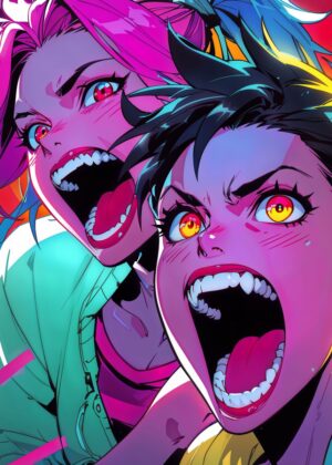 Neon Fury: Vibrant Anime Artwork Print - Premium Wooden Framed Poster. Ready to Hang.