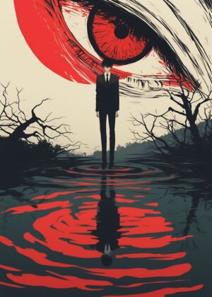 Surreal Reflection: A Man and a Giant Eye - Premium Wooden Framed Poster. Ready to Hang.