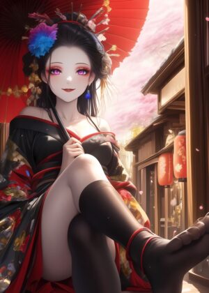 Elegant Japanese Geisha: A Digital Art Print - Premium Wooden Framed Poster. Ready to Hang.
