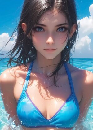 Stunning Anime Beach Girl Artwork - Premium Wooden Framed Poster. Ready to Hang.