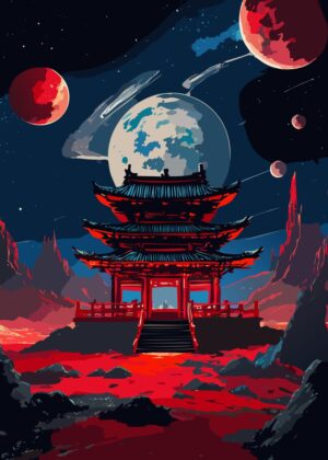 Alien World Shrine: A Celestial Tapestry of Red and Black - Premium Wooden Framed Poster. Ready to Hang.