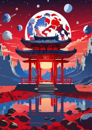 Cosmic Serenity: A Japanese Shrine in Space - Premium Wooden Framed Poster. Ready to Hang.