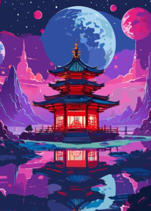 Japanese Alien Shrine: A Cosmic Fusion of Culture and Imagination - Premium Wooden Framed Poster. Ready to Hang.