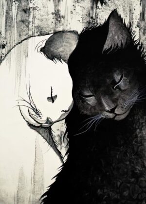 Yin and Yang Cats: A Monochromatic Masterpiece - Premium Wooden Framed Poster. Ready to Hang.