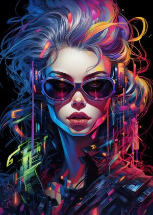 Cyberpunk Girl No. 11: Vibrant Digital Art Print - Premium Wooden Framed Poster. Ready to Hang.