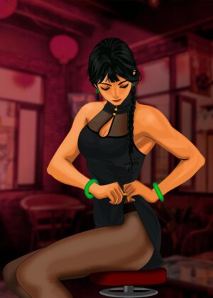 Elegant Woman in a Chinese-Inspired Setting - Premium Wooden Framed Poster. Ready to Hang.