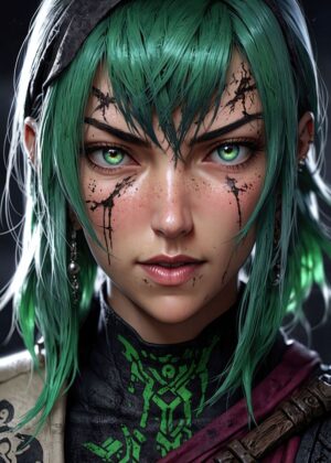 Fierce Green-Haired Anime Girl Art Print - Premium Wooden Framed Poster. Ready to Hang.