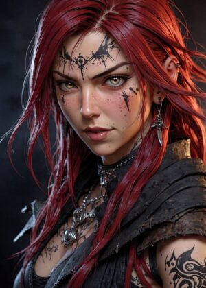 Fiery Redhead Warrior Woman: Anime-Style Digital Art Print - Premium Wooden Framed Poster. Ready to Hang.