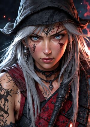 Fierce Female Warrior: Anime Manga Art Print - Premium Wooden Framed Poster. Ready to Hang.