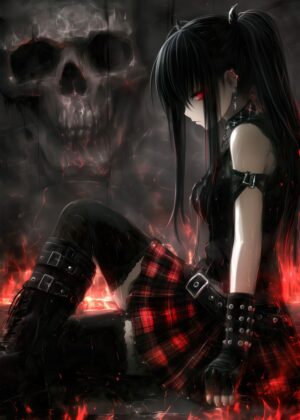 Gothic Skull Punk Emo Anime Girl Art Print - Premium Wooden Framed Poster. Ready to Hang.