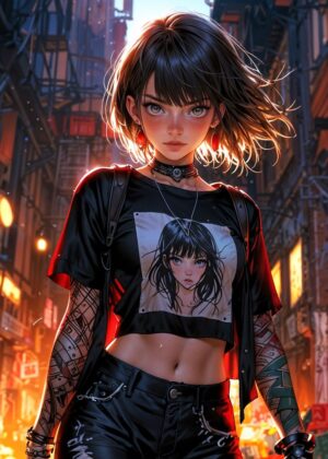 Neon Street Rebel: Cyberpunk Anime Girl Art Print - Premium Wooden Framed Poster. Ready to Hang.