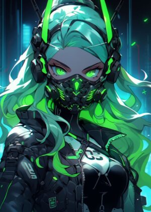 Cyberpunk Girl Green Hair Art Print - Premium Wooden Framed Poster. Ready to Hang.