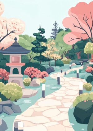Serene Japanese Garden Artwork - Premium Wooden Framed Poster. Ready to Hang.