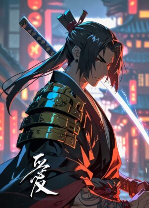 Cyberpunk Samurai: Digital Art Print - Premium Wooden Framed Poster. Ready to Hang.
