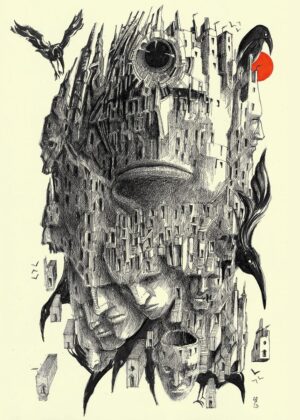 Argon Crows: A Surreal Cityscape of Faces and Birds - Premium Wooden Framed Poster. Ready to Hang.
