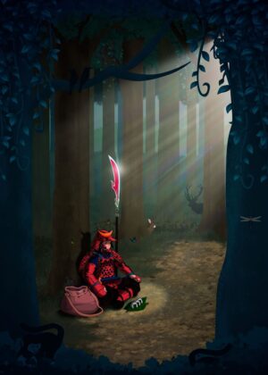 Samurai in the Mystical Forest: A Digital Art Print - Premium Wooden Framed Poster. Ready to Hang.