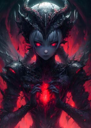Dark Anime Demon Girl Art Print - Premium Wooden Framed Poster. Ready to Hang.