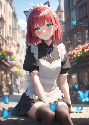 Anime Maid Girl in a Charming Town - Premium Wooden Framed Poster. Ready to Hang.