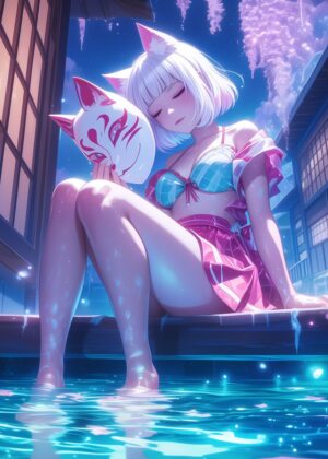 Kitsune Girl by the Water: Mystical Anime Art Print - Premium Wooden Framed Poster. Ready to Hang.