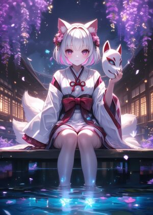 Kitsune Night Festival: Anime Girl Art Print - Premium Wooden Framed Poster. Ready to Hang.