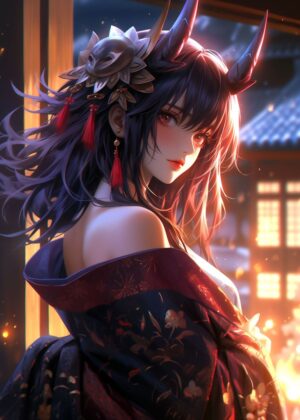 Demon Samurai Girl: Digital Art Print - Premium Wooden Framed Poster. Ready to Hang.