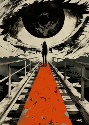 Giant Eye Watching Over a Solitary Figure on a Red Carpet Path - Premium Wooden Framed Poster. Ready to Hang.