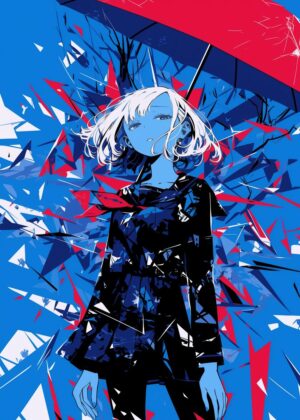 Melancholy Under a Crimson Umbrella: Abstract Anime Art Print - Premium Wooden Framed Poster. Ready to Hang.