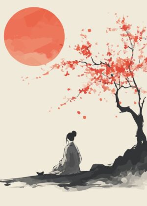 Serene Japanese Sun and Cherry Blossom Art Print - Premium Wooden Framed Poster. Ready to Hang.